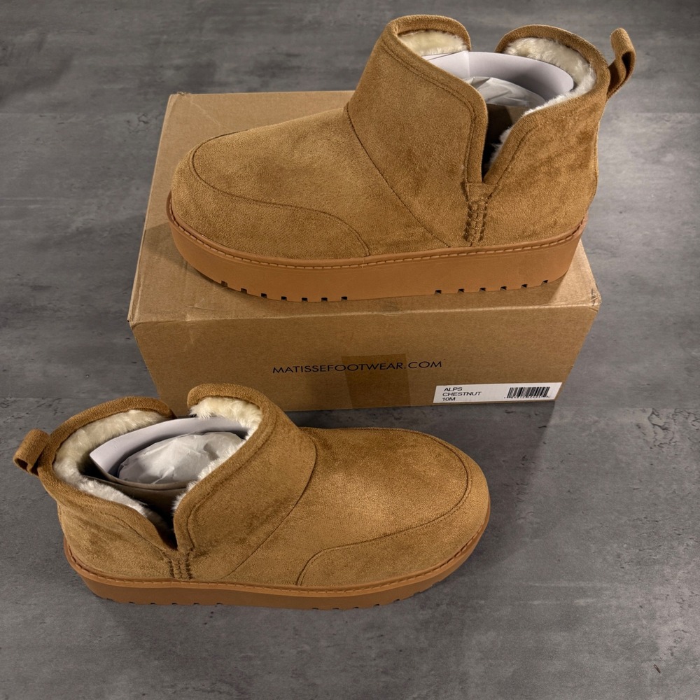 Matisse Boots Mens 10 Alps Chestnut Faux Shearling Fur Platform Chunky Slipper